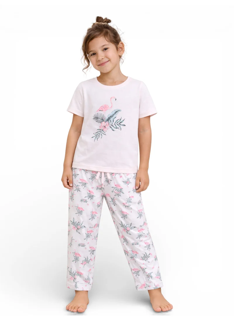 فكتور اند جين Girls Flamingo Print Cotton Pajama Set – T-Shirt & Full Pants Nightwear